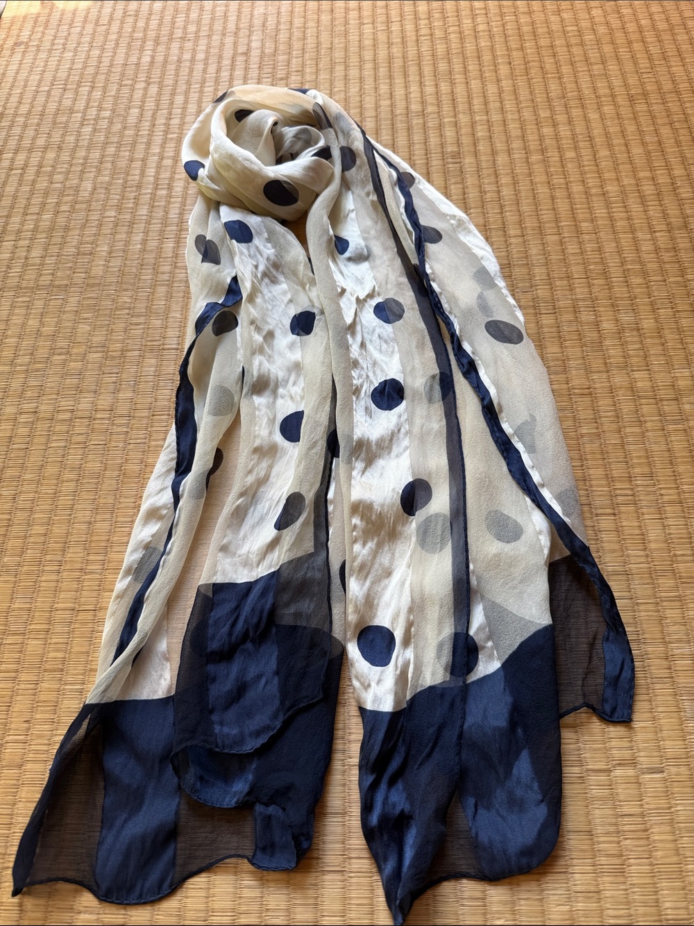 Long Oblong Scarf Cream Background & Navy Blue Dots